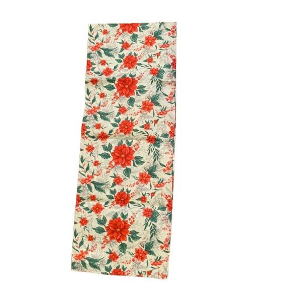 Christmas Table Runner 13x72in Woven Polyester Poinsettias Leaves Floral